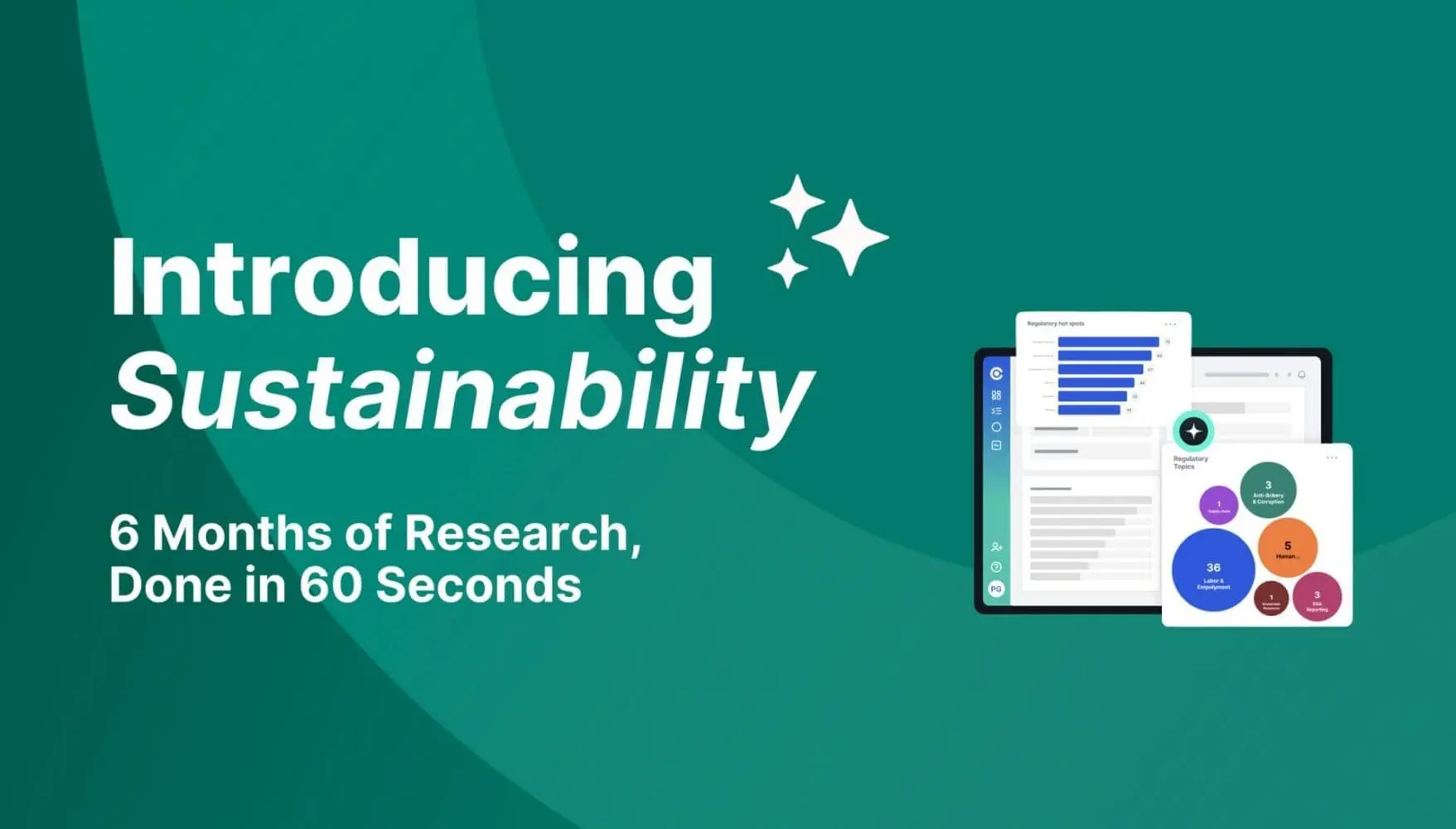 Adherent (formerly Compliance & Risks). A graphic with "Introducing Sustainability" text, data visualizations of regulatory hot spots and topics, and the phrase "6 Months of Research, Done in 60 Seconds."