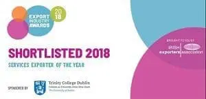 Graphic: Shortlisted 2018 Services Exporter of the Year, Export Industry Awards. Sponsored by Trinity College Dublin. Brought to you by Irish Exporters Association.