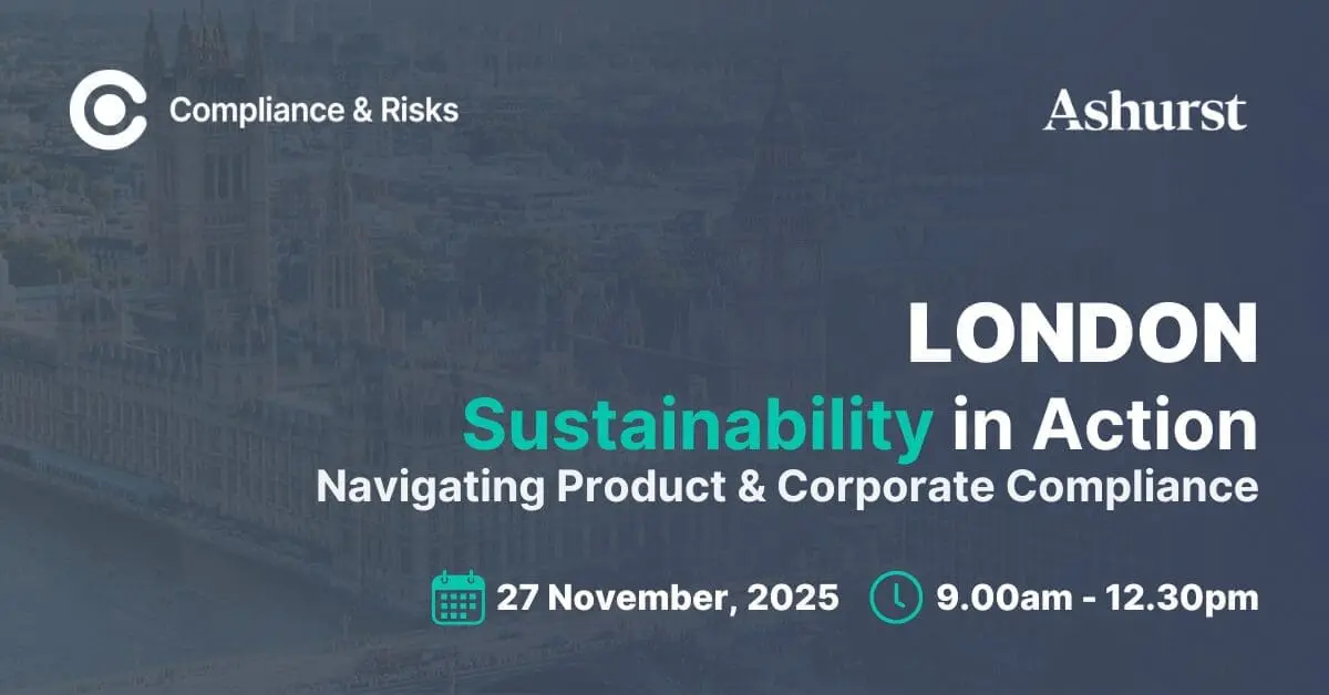 Adherent (formerly Compliance & Risks). Promotional graphic for 'Sustainability in Action' event in London, featuring the Houses of Parliament. Text includes event title, date (November 27, 2025), time (9:00 AM - 12:30 PM), and logos for Compliance & Risks and Ashurst.
