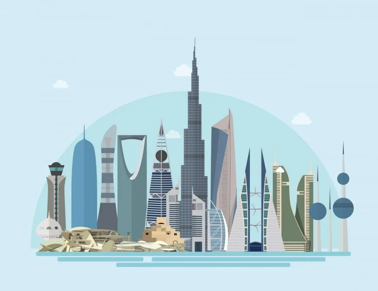 Adherent (formerly Compliance & Risks). Flat illustration of a modern city skyline featuring numerous iconic skyscrapers and buildings, including the Burj Khalifa and Burj Al Arab, against a light blue sky.