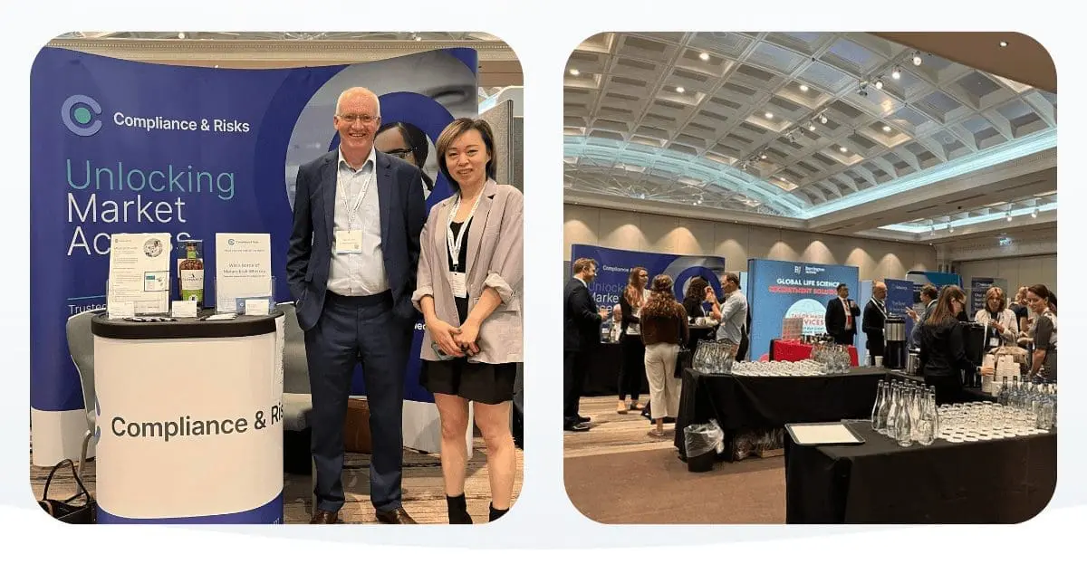Adherent (formerly Compliance & Risks). Two images from a conference. Left: A man and a woman stand smiling at a "Compliance & Risks" booth. Right: A wide shot of a busy conference hall with people networking and various booths.