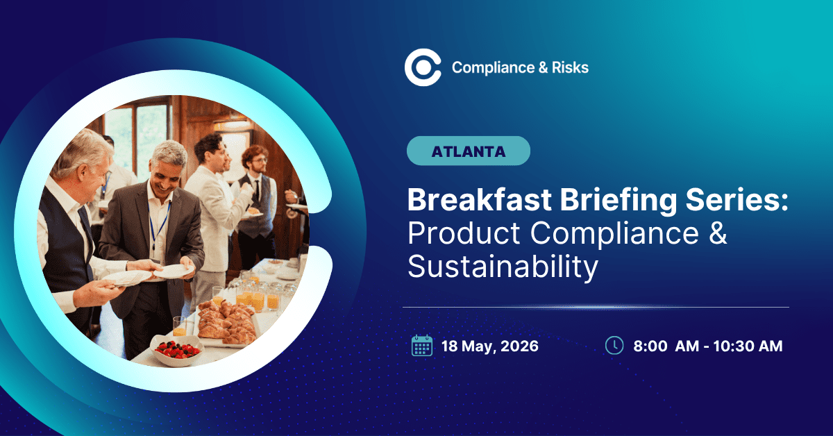 Adherent (formerly Compliance & Risks). Promotional image for Compliance & Risks Breakfast Briefing Series in Atlanta. It shows men networking at a breakfast buffet and lists event details: Product Compliance & Sustainability, May 18, 2026, 8:00 AM - 10:30 AM.
