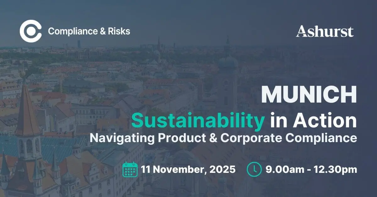Adherent (formerly Compliance & Risks). Promotional graphic for 'Sustainability in Action' event in Munich. Features city skyline, 'Compliance & Risks' and 'Ashurst' logos, and text: 'MUNICH Sustainability in Action Navigating Product & Corporate Compliance', '11 November, 2025', '9.00am - 12.30pm'.