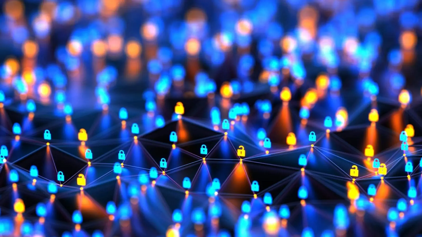 Adherent (formerly Compliance & Risks). A digital network of glowing blue and yellow padlocks connected by lines on a dark background, some padlocks are open.