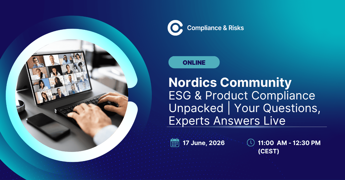 Adherent (formerly Compliance & Risks). Promotional graphic for an online event. A person types on a keyboard connected to a tablet showing a video conference with 16 participants. Text reads: 'Compliance & Risks', 'ONLINE', 'Nordics Community ESG & Product Compliance Unpacked | Your Questions, Experts Answers Live', '17 June, 2026', '11:00 AM - 12:30 PM (CEST)'.