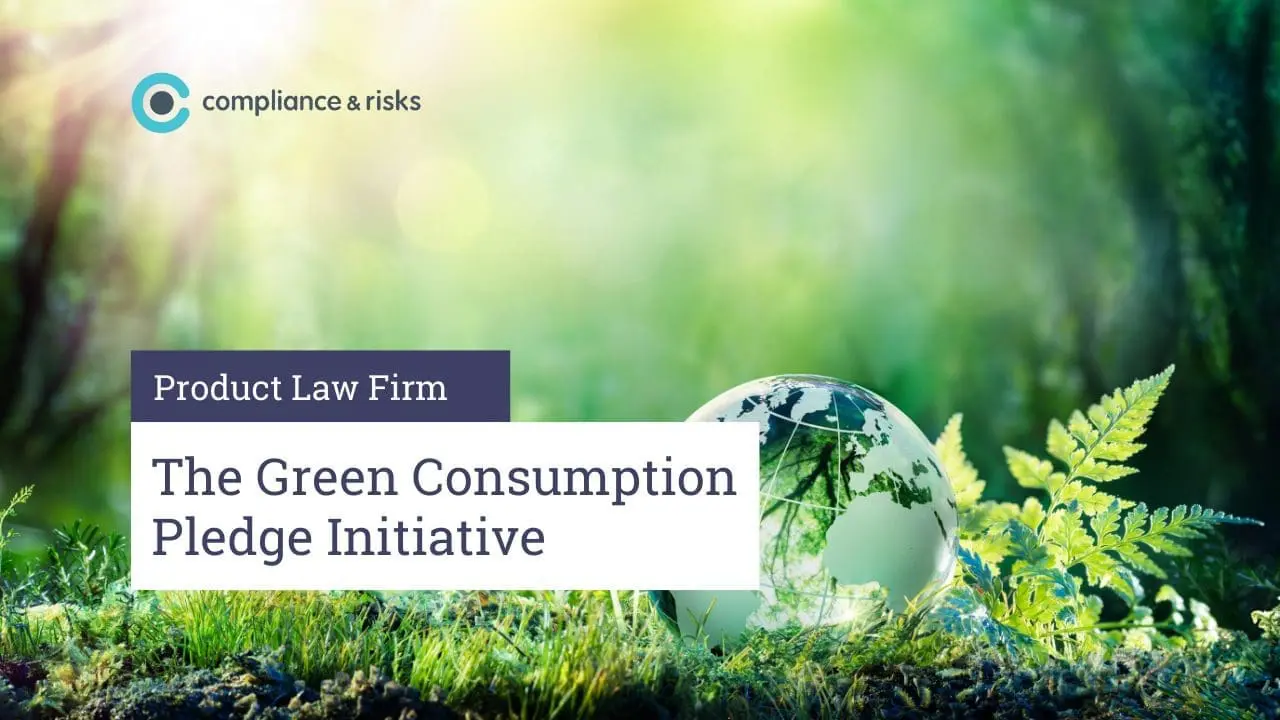 Adherent (formerly Compliance & Risks). A glass globe and fern on mossy ground with a green, sunlit background. Text reads 'compliance & risks', 'Product Law Firm', and 'The Green Consumption Pledge Initiative'.