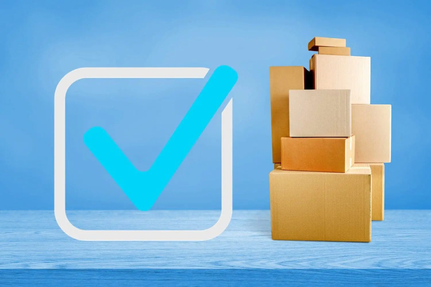 Adherent (formerly Compliance & Risks). A large blue checkmark in a white square next to a stack of cardboard boxes on a blue wooden surface.