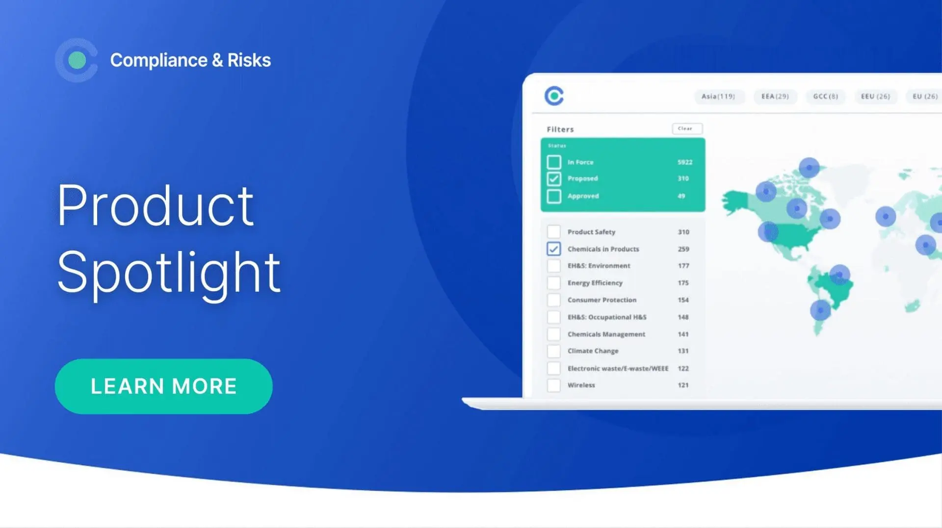 Adherent (formerly Compliance & Risks). A digital dashboard showing compliance and risk data, with filters for status and product categories, alongside a world map with data points. Text reads 'Product Spotlight' and 'LEARN MORE'.