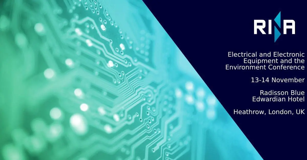 Adherent (formerly Compliance & Risks). Promotional banner for the RINA Electrical and Electronic Equipment and the Environment Conference, featuring a circuit board background and event details: 13-14 November, Radisson Blue Edwardian Hotel, Heathrow, London, UK.