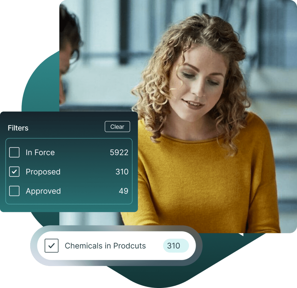 A woman with curly blonde hair in a yellow top looks at a screen, overlaid with a 'Filters' box showing 'Proposed' items (310) checked, and a 'Chemicals in Prodcuts' tag also showing 310.