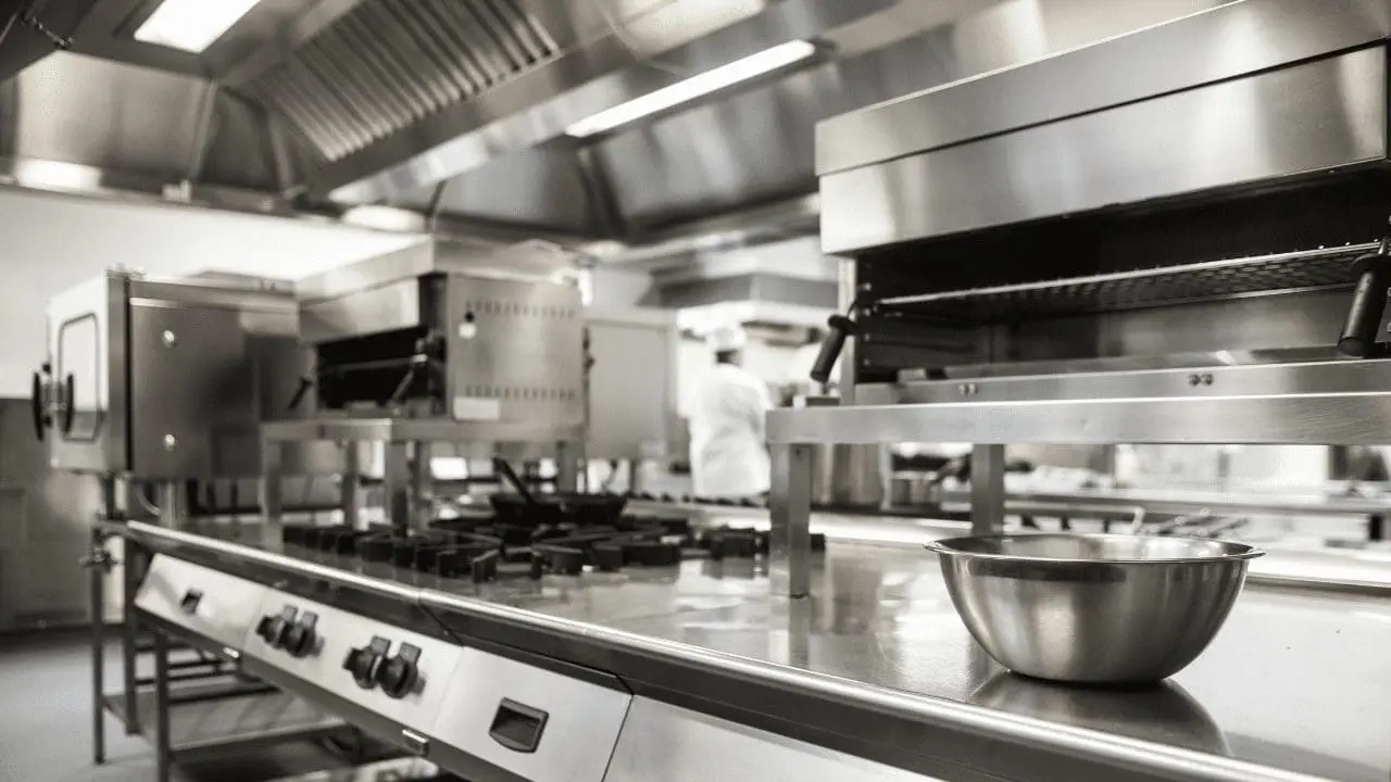 Adherent (formerly Compliance & Risks). Black and white image of a commercial kitchen with stainless steel counters, cooking equipment, and a blurred chef in the background.