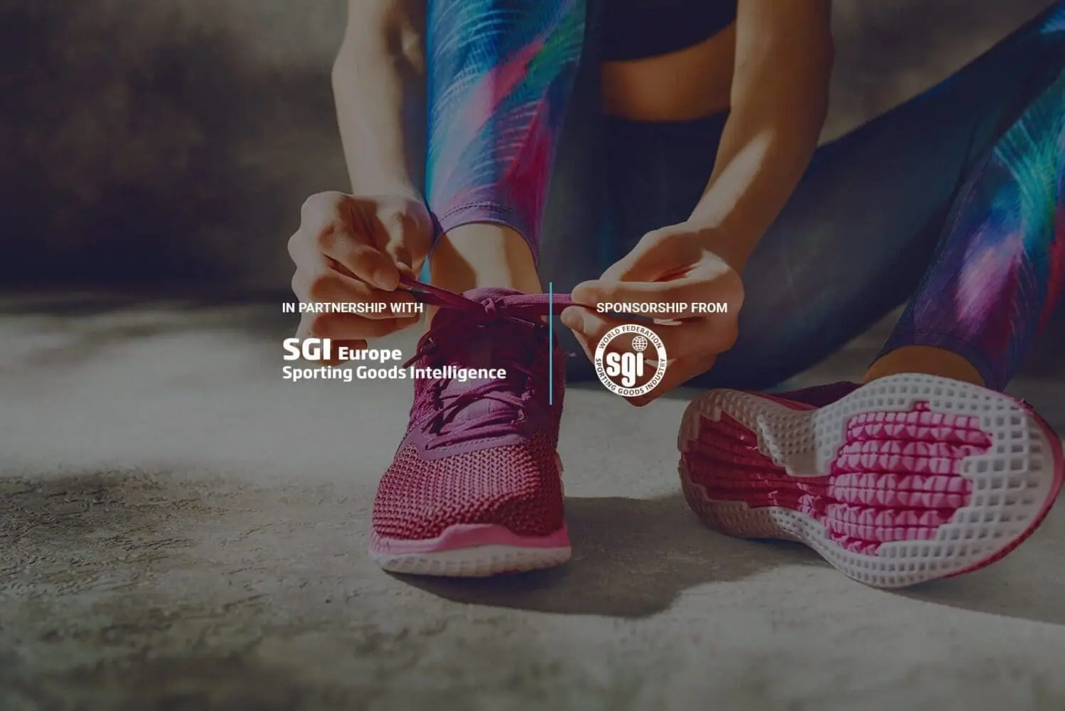 Adherent (formerly Compliance & Risks). A person tying the laces of a pink athletic shoe on a concrete floor. Overlaid text reads 'IN PARTNERSHIP WITH SGI Europe Sporting Goods Intelligence' and 'SPONSORSHIP FROM World Federation Sporting Goods Industry (sgi)'.
