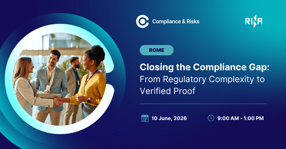 Adherent (formerly Compliance & Risks). Promotional graphic for a Compliance & Risks event titled 'Closing the Compliance Gap' in Rome on June 10, 2026, featuring business professionals shaking hands.