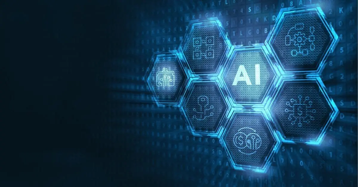 Adherent (formerly Compliance & Risks). A digital graphic featuring a central hexagon with 'AI' in white, surrounded by six smaller hexagons with various tech-related icons, all against a dark blue background with glowing code.