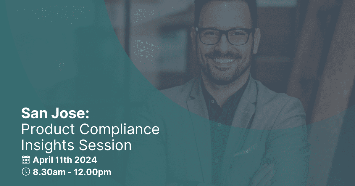 Adherent (formerly Compliance & Risks). Promotional image for a 'San Jose: Product Compliance Insights Session' on April 11th, 2024, featuring a smiling man in glasses.