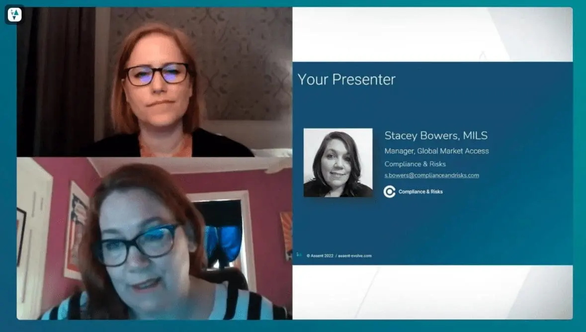 Adherent (formerly Compliance & Risks). A screenshot of a webinar. Two women are visible in video feeds on the left. On the right, a presentation slide introduces Stacey Bowers, MILS, Manager, Global Market Access for Compliance & Risks, with her photo and contact information.