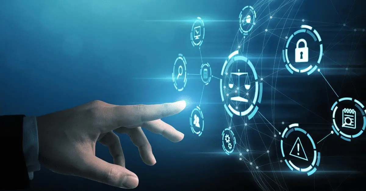Adherent (formerly Compliance & Risks). A hand with an extended index finger touching a glowing digital icon, surrounded by a network of other glowing icons on a dark blue background.