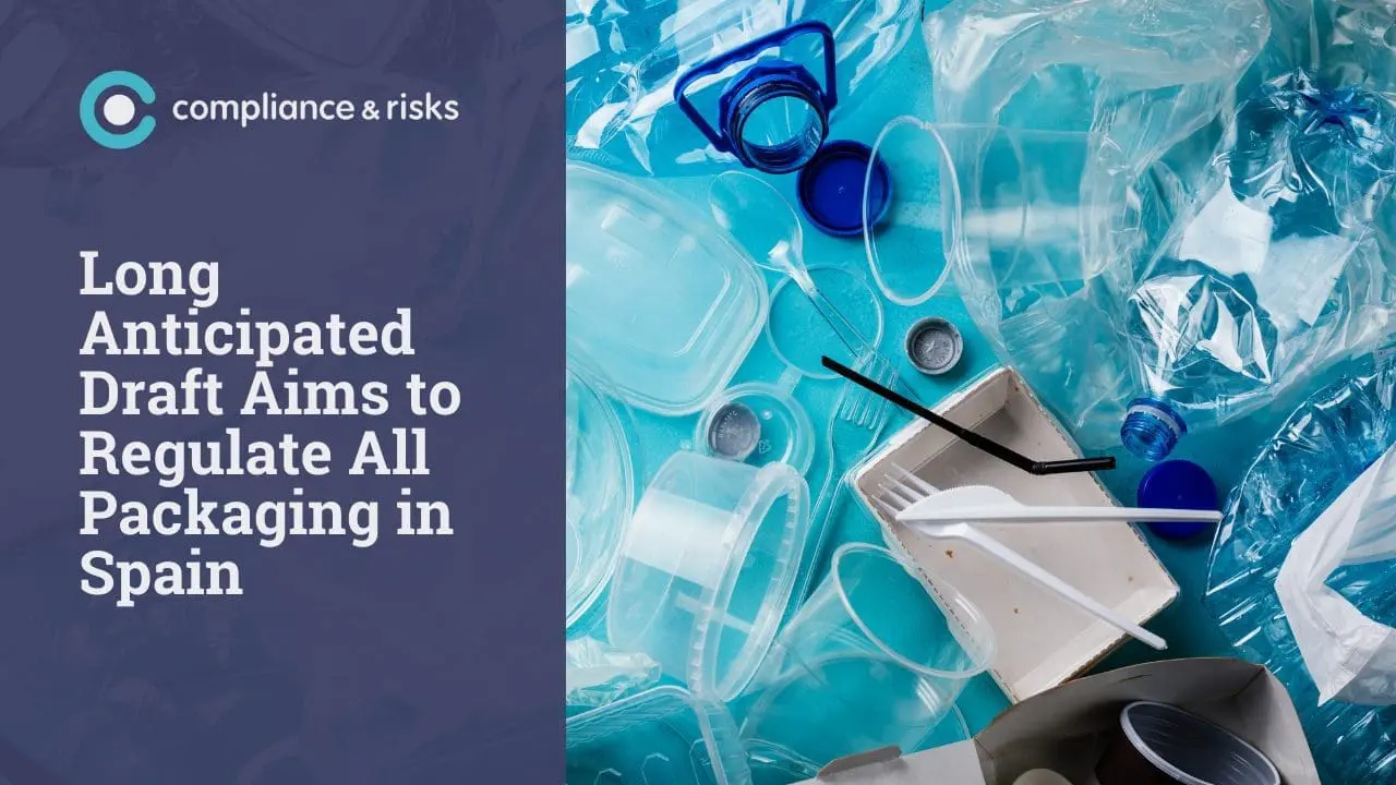 Adherent (formerly Compliance & Risks). A pile of plastic waste, including bottles, bags, containers, and cutlery, on a blue background, next to text about Spain regulating packaging.