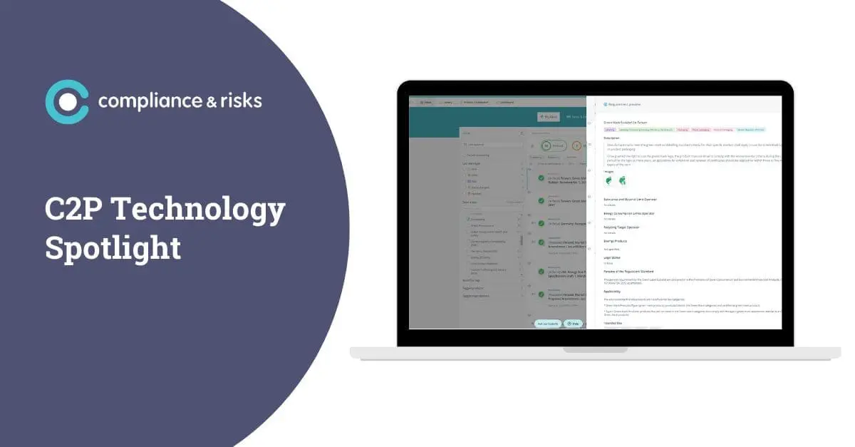 Adherent (formerly Compliance & Risks). A laptop displaying compliance software, with 'C2P Technology Spotlight' and 'compliance & risks' logo on a dark blue background to the left.