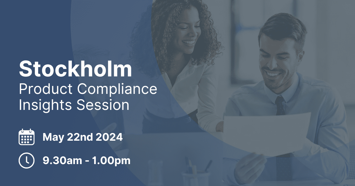 Adherent (formerly Compliance & Risks). Promotional graphic for a 'Stockholm Product Compliance Insights Session' on May 22nd, 2024, from 9:30 AM to 1:00 PM, featuring two smiling business professionals in the background.
