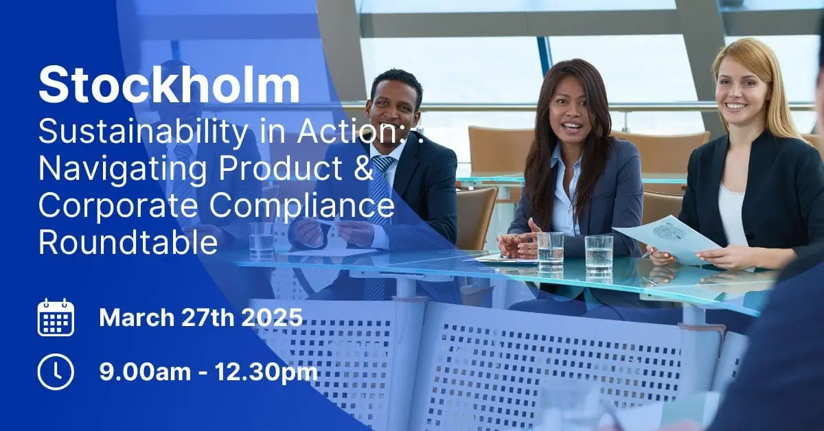 Adherent (formerly Compliance & Risks). Event poster showing three smiling business professionals at a glass table, with text overlay: Stockholm Sustainability in Action: Navigating Product & Corporate Compliance Roundtable, March 27th 2025, 9.00am - 12.30pm.