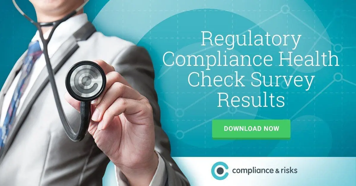 A person in a suit holds a stethoscope. Text reads 'Regulatory Compliance Health Check Survey Results' with a 'DOWNLOAD NOW' button and 'compliance & risks' logo.