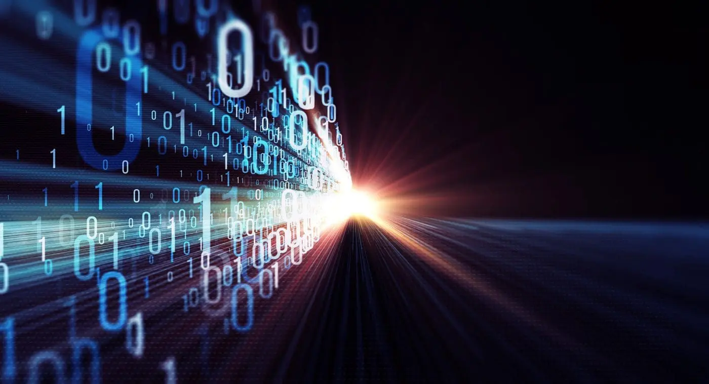 Adherent (formerly Compliance & Risks). A digital tunnel of blue and white binary code (zeros and ones) rushing towards a bright, glowing light source in the distance, against a dark background.