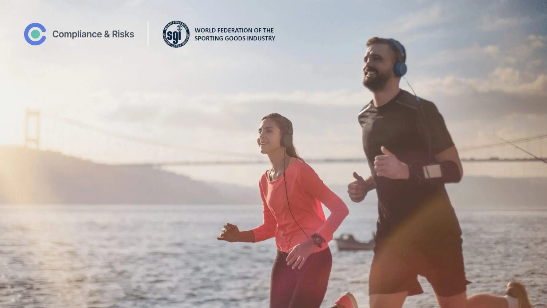Adherent (formerly Compliance & Risks). Two smiling runners, a man and a woman, jog along a waterfront with a bridge in the background, under logos for Compliance & Risks and World Federation of the Sporting Goods Industry.
