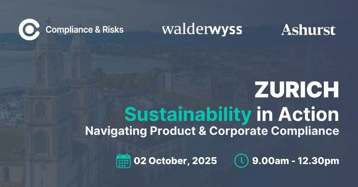 Adherent (formerly Compliance & Risks). Event poster for 'Sustainability in Action' in Zurich, October 2, 2025, 9:00 AM - 12:30 PM. Features logos for Compliance & Risks, Walder Wyss, and Ashurst, over a blurred image of Zurich's Grossmünster church.
