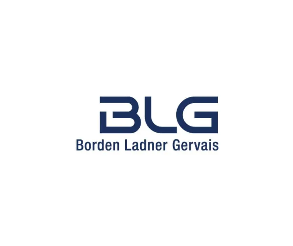 BLG Borden Ladner Gervais logo, featuring stylized dark blue letters 'BLG' above the words 'Borden Ladner Gervais' on a white background.