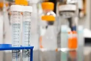 Two clear plastic centrifuge tubes with white caps, filled with liquid, standing in a blue rack in a laboratory.