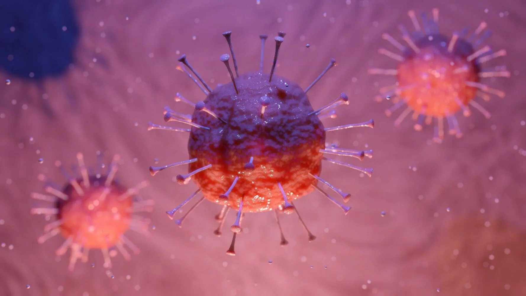 Adherent (formerly Compliance & Risks). Microscopic rendering of a spiky, spherical organism, possibly a virus, with two other similar organisms blurred in the background, against a purplish-pink and reddish-orange backdrop.
