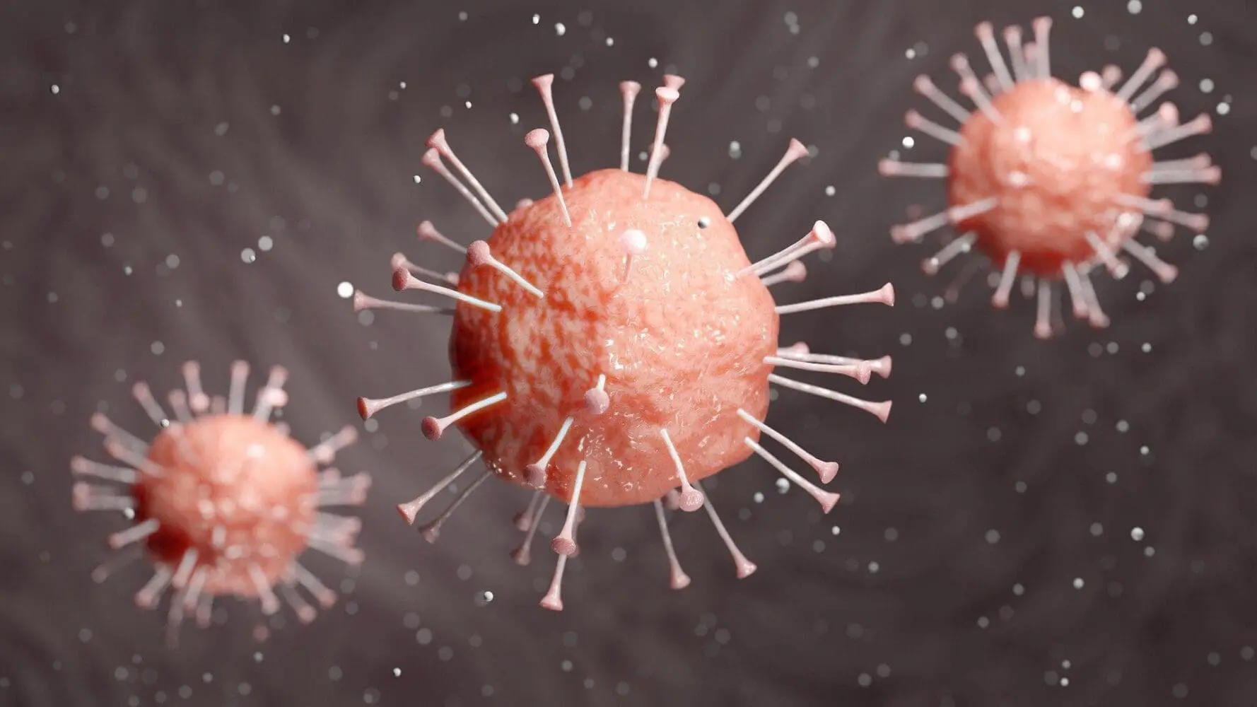 Adherent (formerly Compliance & Risks). Three pinkish-orange virus-like particles with spikes, rendered in 3D, against a dark, speckled background.