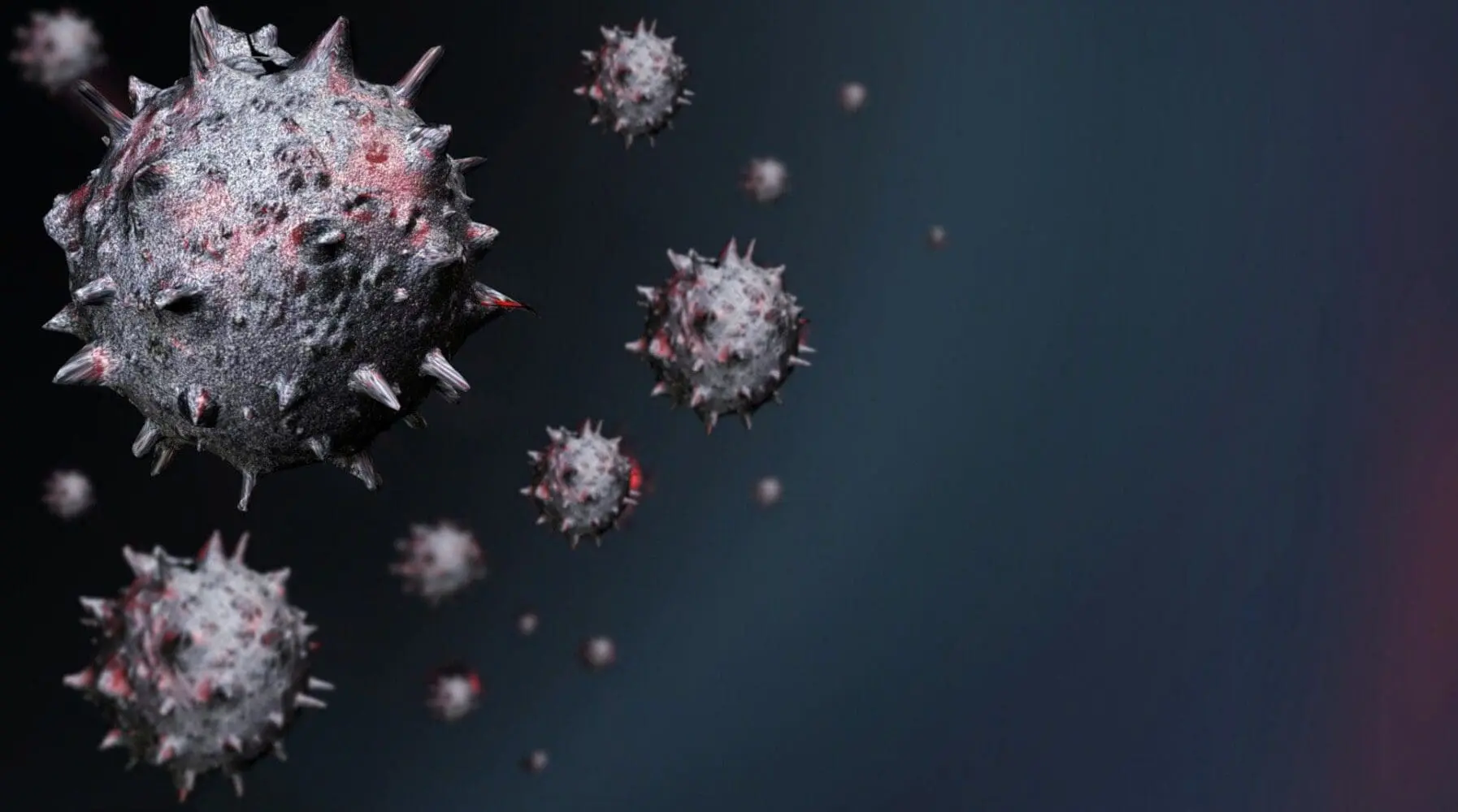 Adherent (formerly Compliance & Risks). A 3D rendering of multiple grey, spiky virus-like particles with red accents, against a dark blue-grey background.