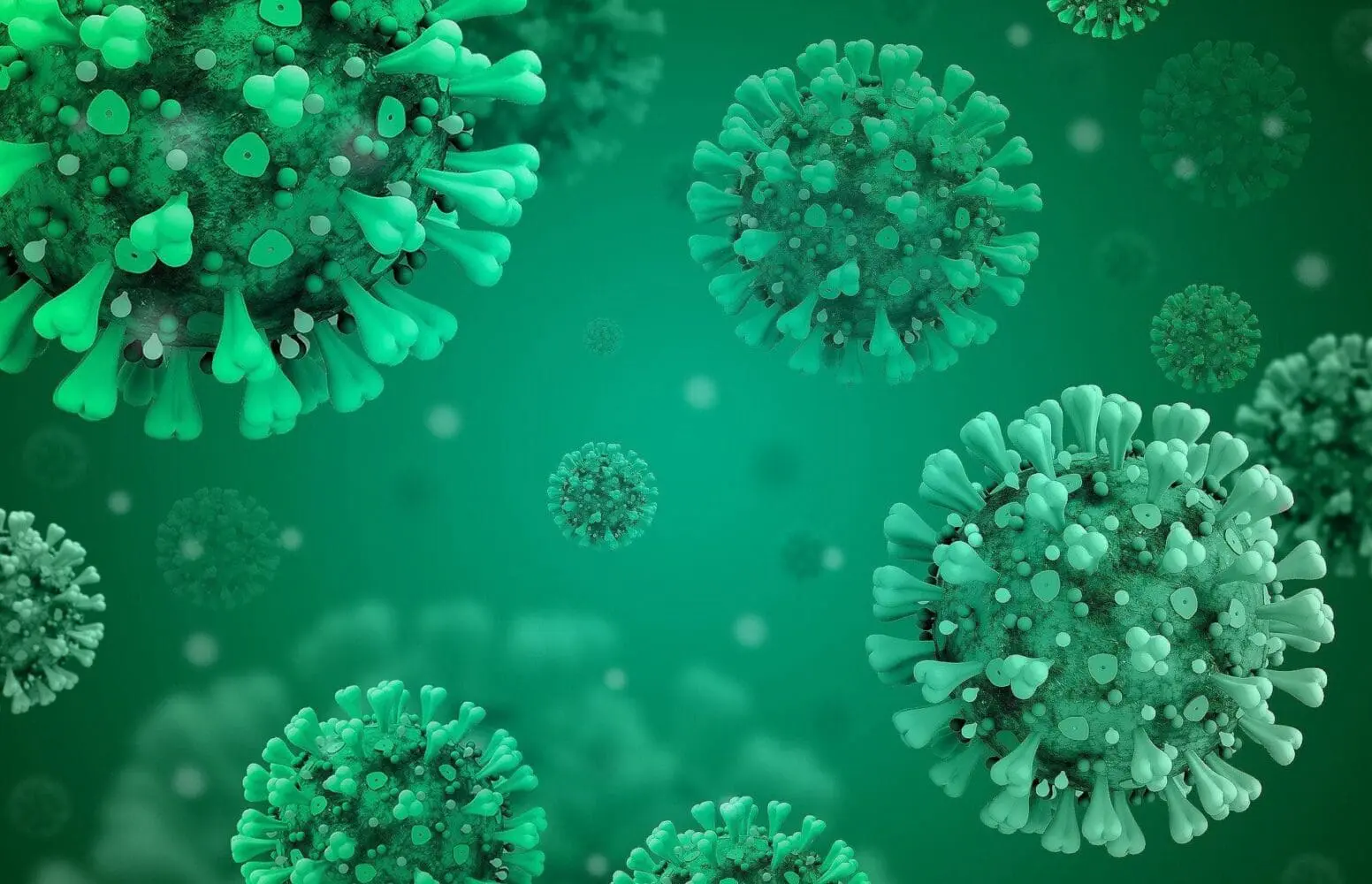 Adherent (formerly Compliance & Risks). An illustration of multiple green and teal virus particles with spiked surfaces against a gradient green background.