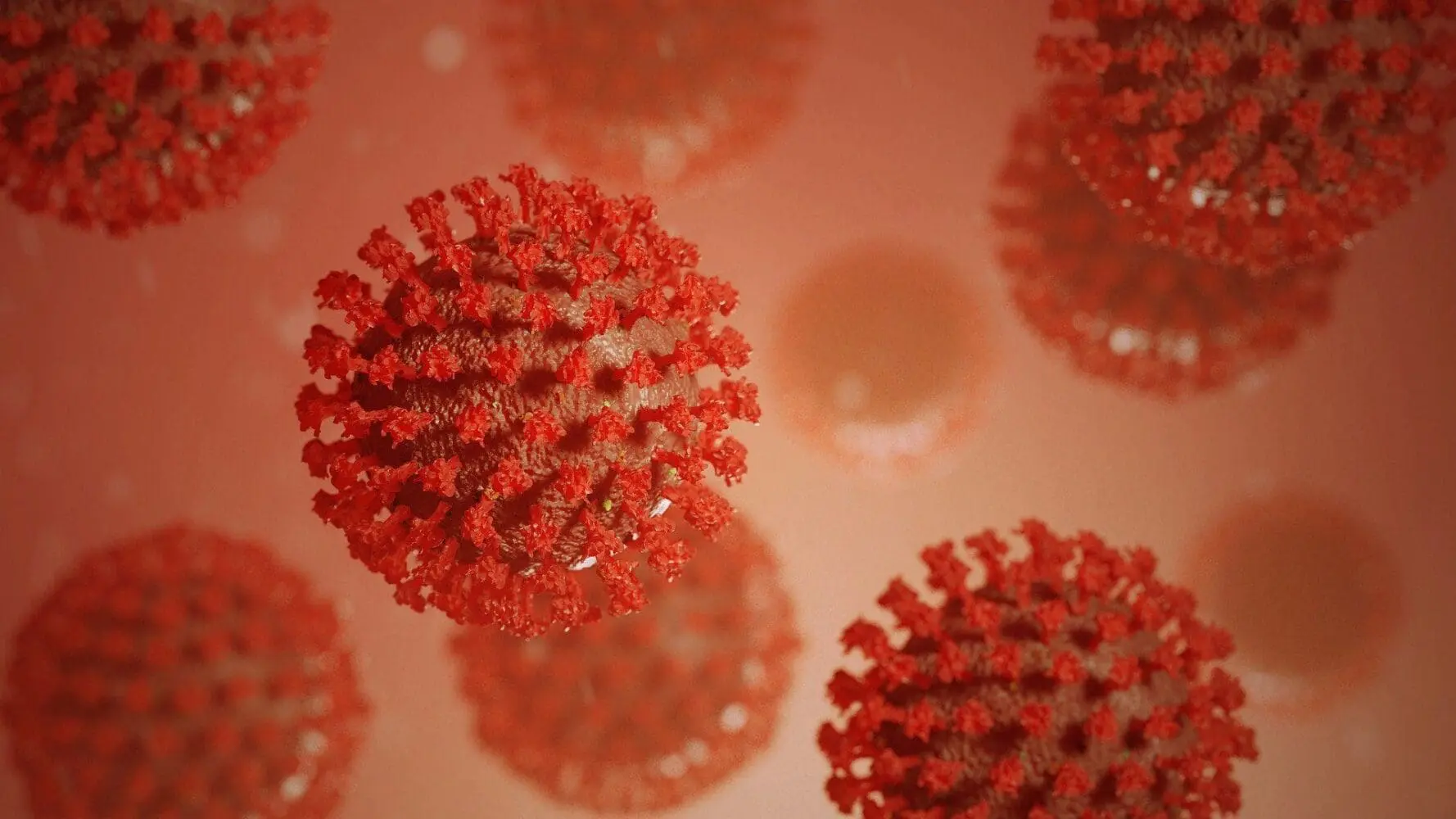 Adherent (formerly Compliance & Risks). Microscopic illustration of multiple red, spherical virus particles with spiky protrusions against a reddish-orange background.