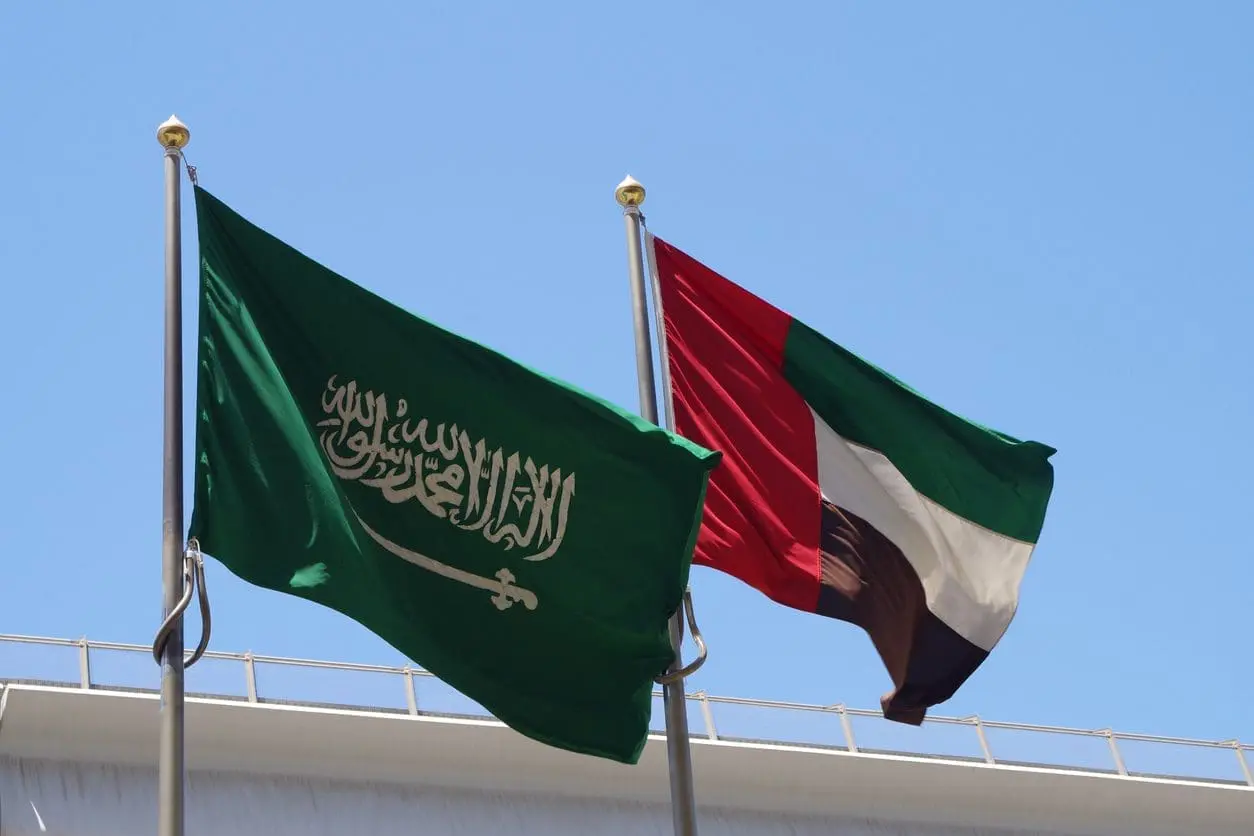 Adherent (formerly Compliance & Risks). The flags of Saudi Arabia (green with white script and sword) and the United Arab Emirates (red, green, white, black stripes) flying against a clear blue sky.