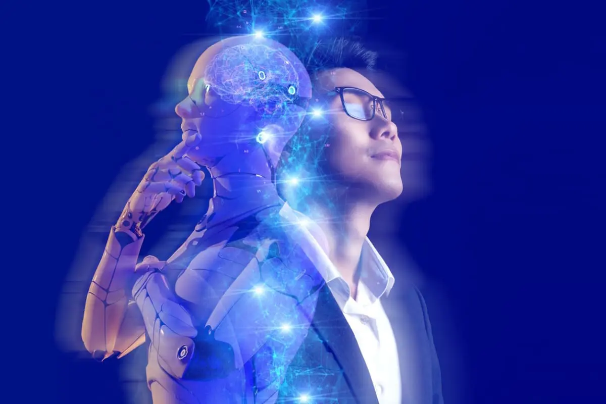 Double exposure of a man and a thinking robot with glowing neural networks on a blue background, symbolizing AI and human thought.