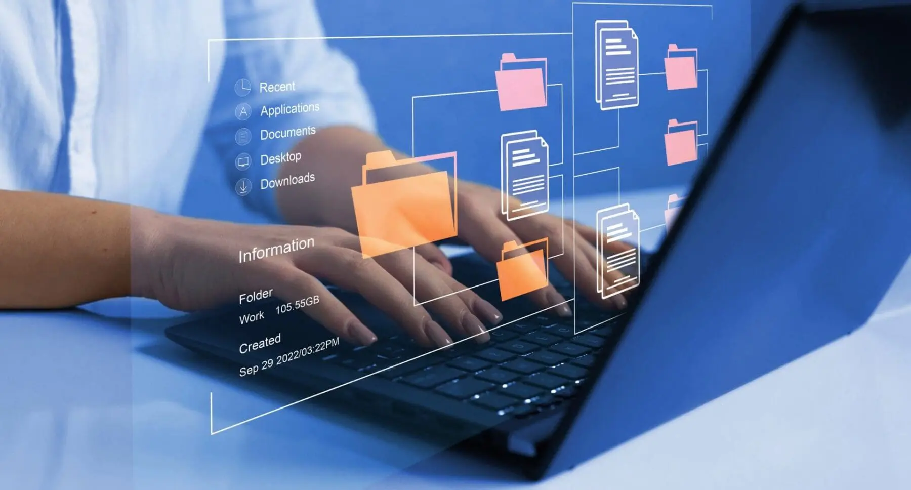 Adherent (formerly Compliance & Risks). Hands typing on a laptop keyboard with a digital overlay showing file management icons, folders, documents, and data information.