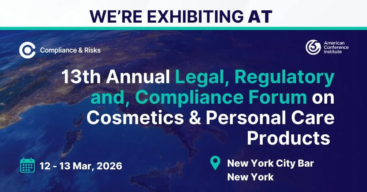 Adherent (formerly Compliance & Risks). Promotional graphic announcing Compliance & Risks exhibiting at the 13th Annual Legal, Regulatory and Compliance Forum on Cosmetics & Personal Care Products, held March 12-13, 2026, at the New York City Bar, New York. The background shows a night-time map with city lights.