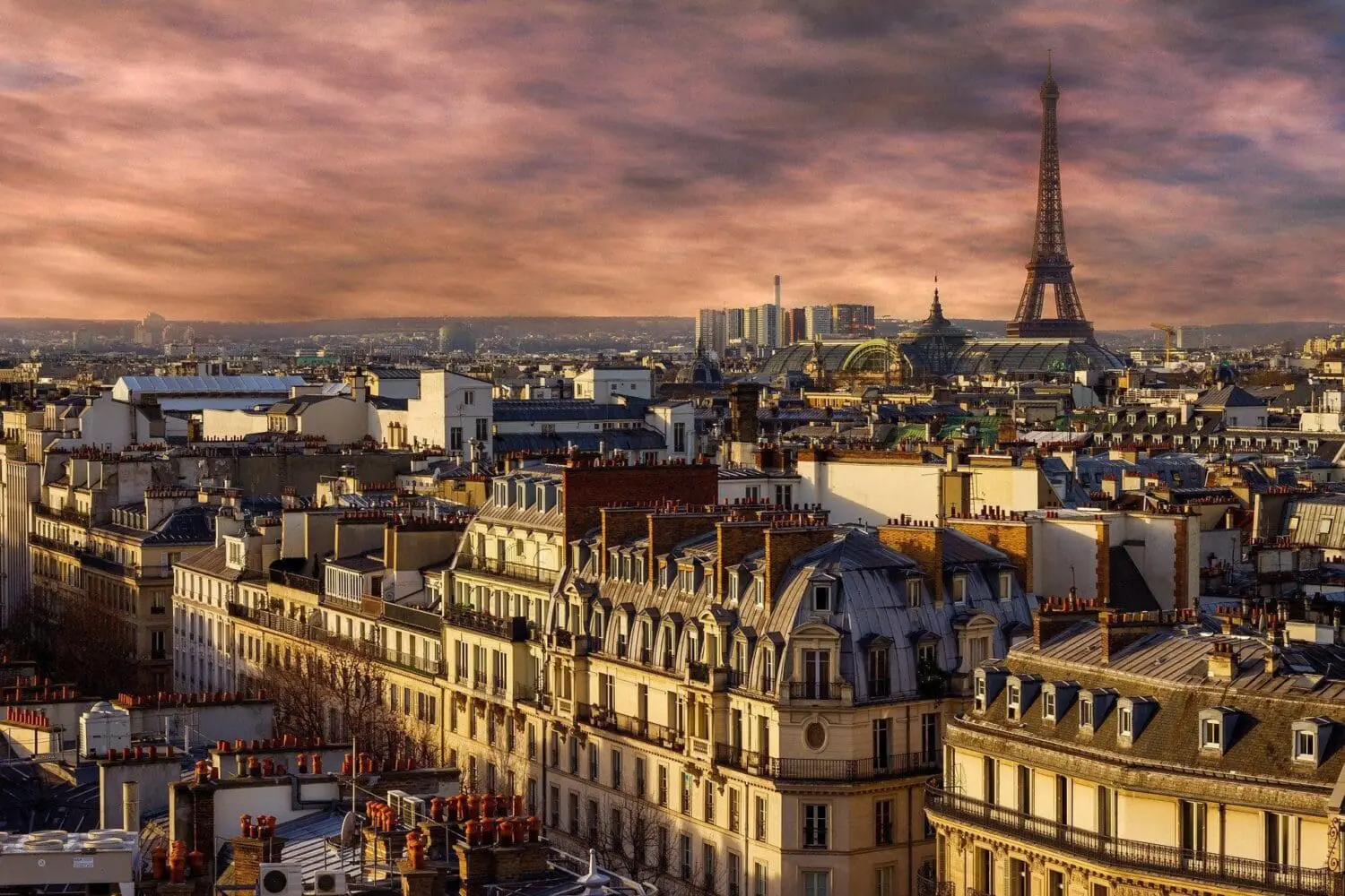 Adherent (formerly Compliance & Risks). Panoramic view of Paris at sunset, showing dense Haussmannian buildings, the Eiffel Tower, and a dramatic sky.