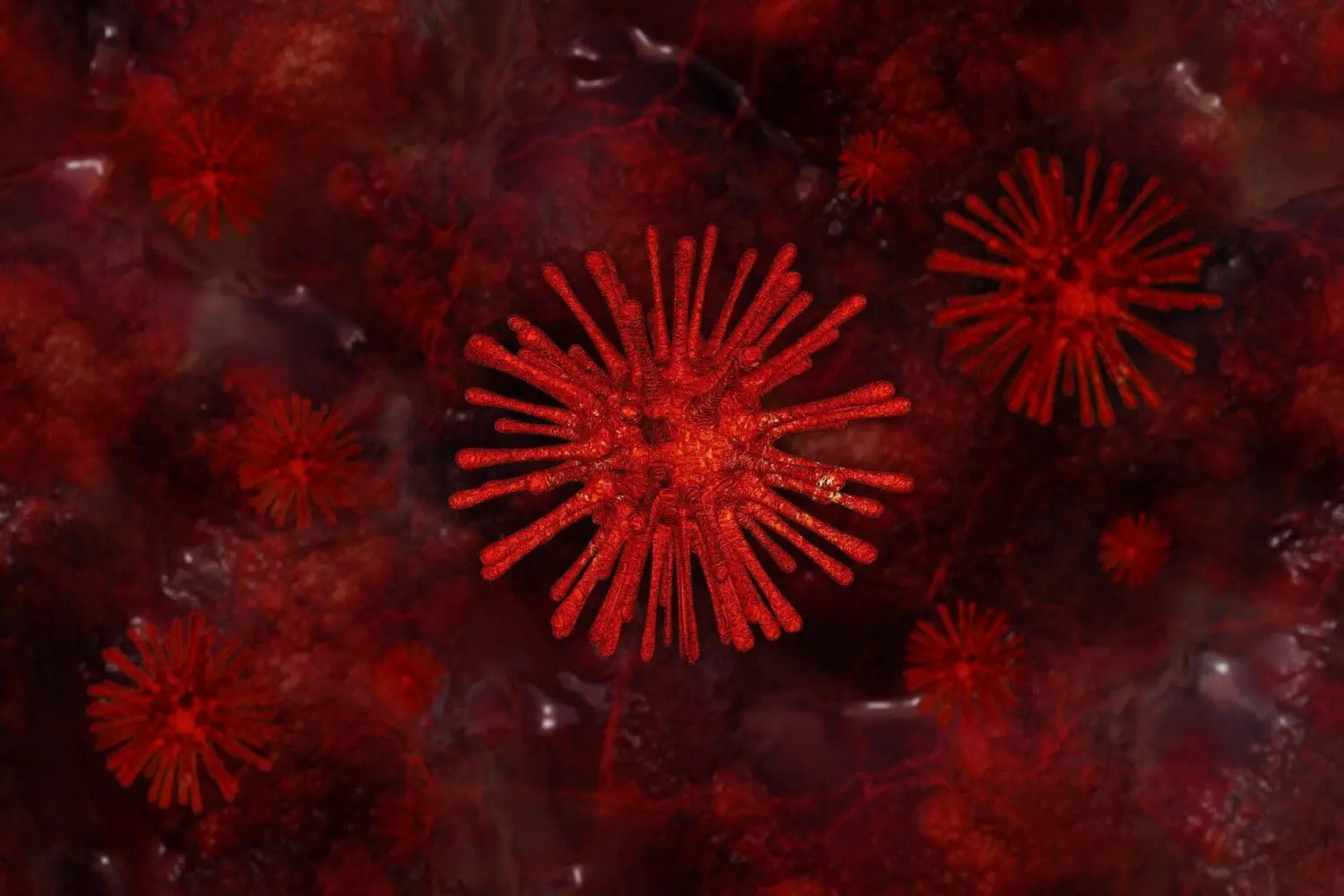 Adherent (formerly Compliance & Risks). Microscopic image of multiple red, spiky spherical structures resembling viruses or bacteria against a dark red, textured background.