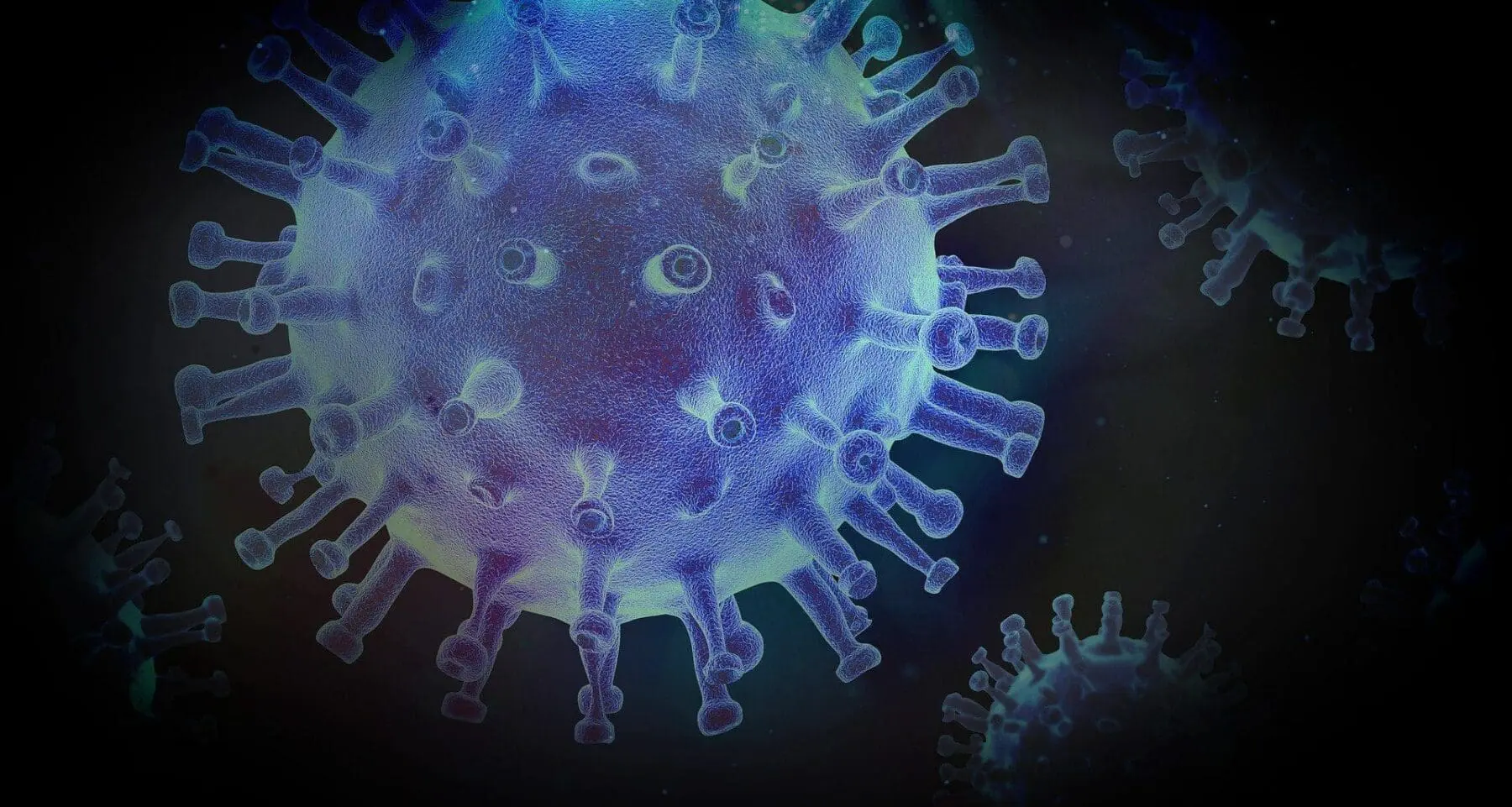 Adherent (formerly Compliance & Risks). 3D rendering of a spherical virus particle with numerous spike proteins, colored in blue and purple, against a dark background.