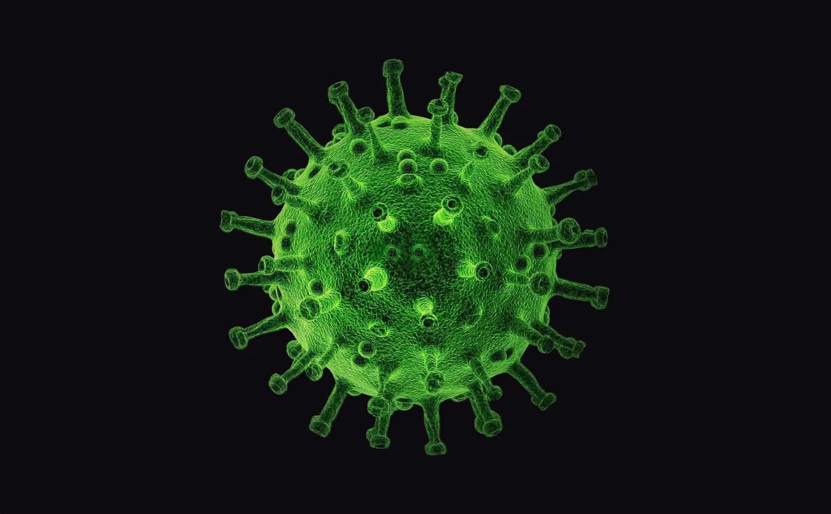 Adherent (formerly Compliance & Risks). A green, spherical object with numerous club-shaped spikes protruding from its textured surface, set against a black background. It resembles a virus particle.