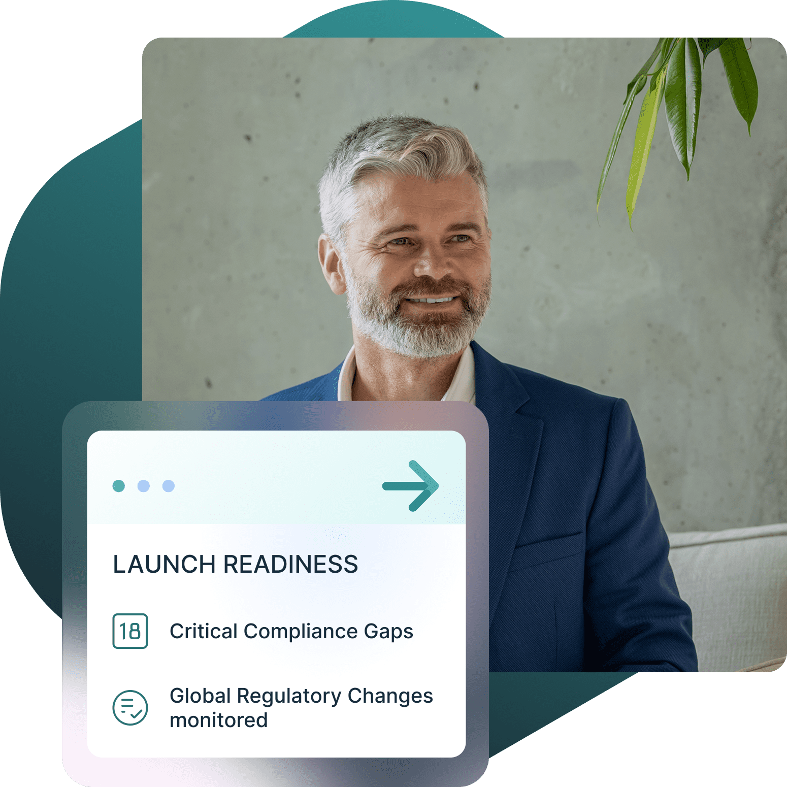 A smiling man in a suit with gray hair and beard, with an overlaid graphic showing 'Launch Readiness', '18 Critical Compliance Gaps', and 'Global Regulatory Changes monitored'.