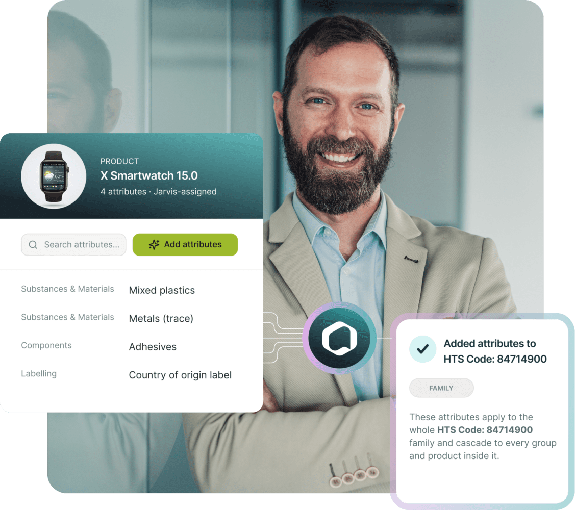 A smiling man with a beard, wearing a blazer, with an overlaid digital interface showing product details for an X Smartwatch 15.0, including attributes like materials, components, and HTS code information.