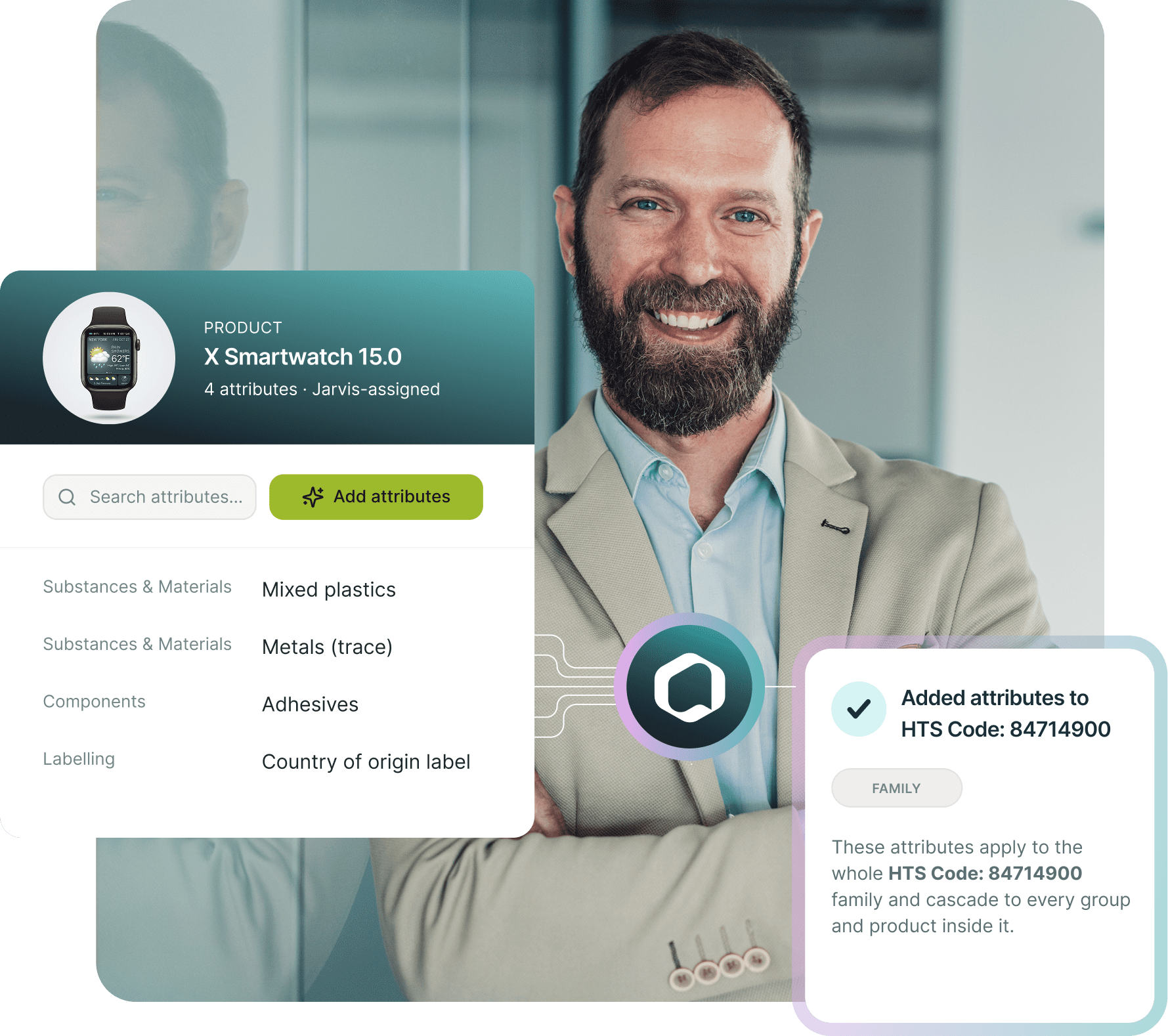 A smiling man with a beard, wearing a blazer, with an overlaid digital interface showing product details for an X Smartwatch 15.0, including attributes like materials, components, and HTS code information.