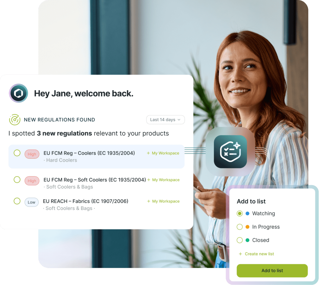 A smiling woman looks to the side, with two overlaid user interface cards showing 'New Regulations Found' with a list of three regulations and an 'Add to list' menu with status options.