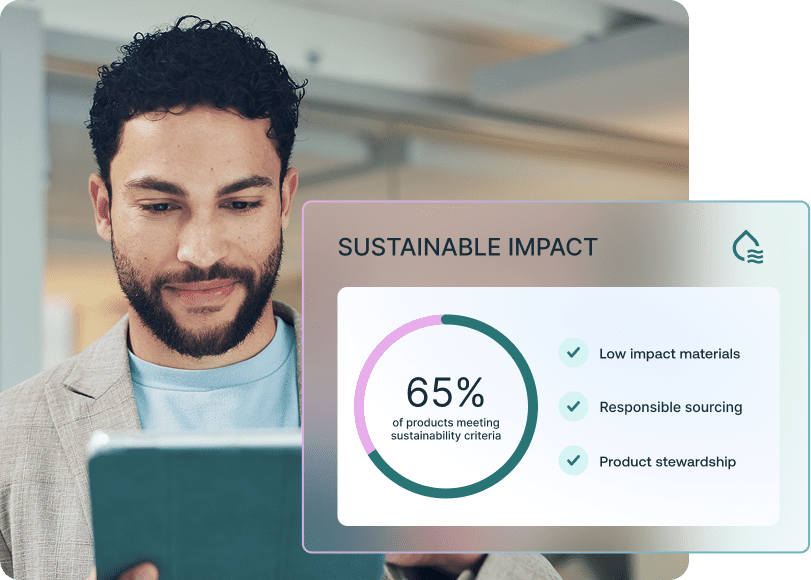 A man looks at a tablet displaying a 'Sustainable Impact' graphic with a circular chart showing 65% of products meeting sustainability criteria, alongside a list of sustainable practices.