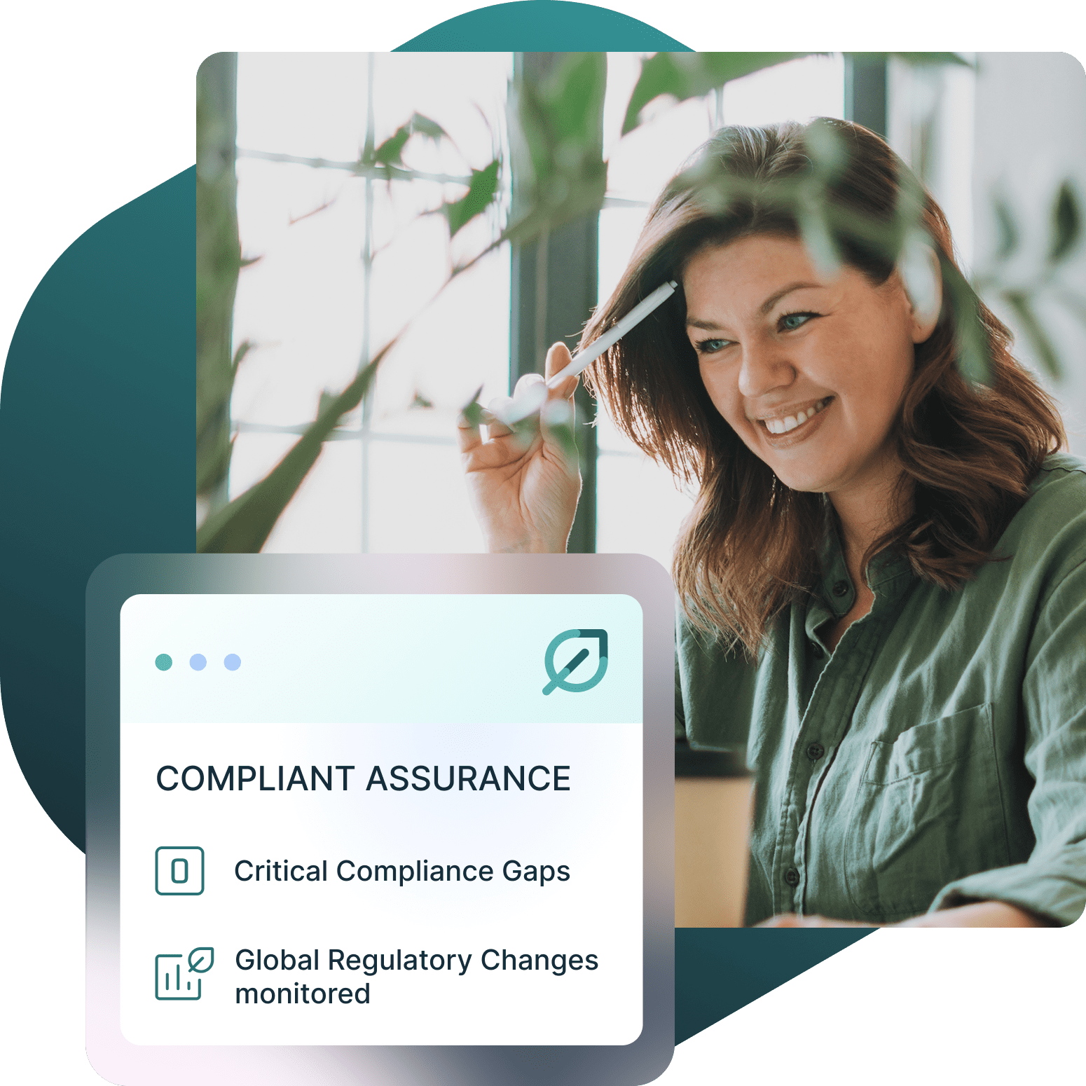 A smiling woman with a pen, next to a graphic titled 'Compliant Assurance' showing '0 Critical Compliance Gaps' and 'Global Regulatory Changes monitored'.